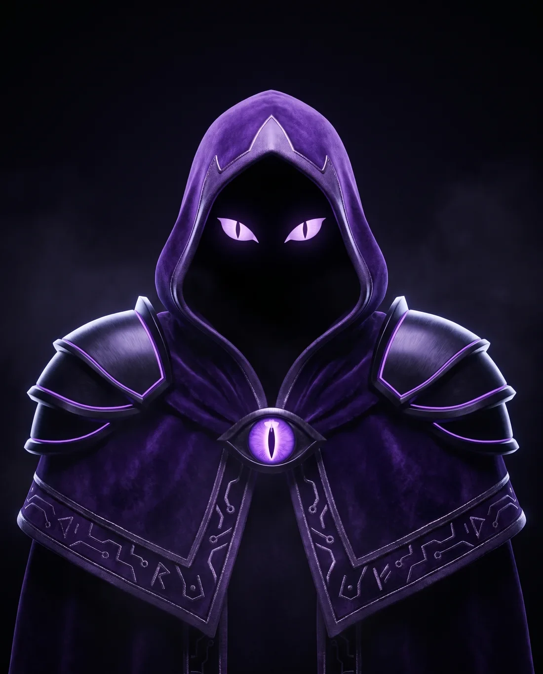 A.U.G.U.R, a hooded figure with glowing violet eyes